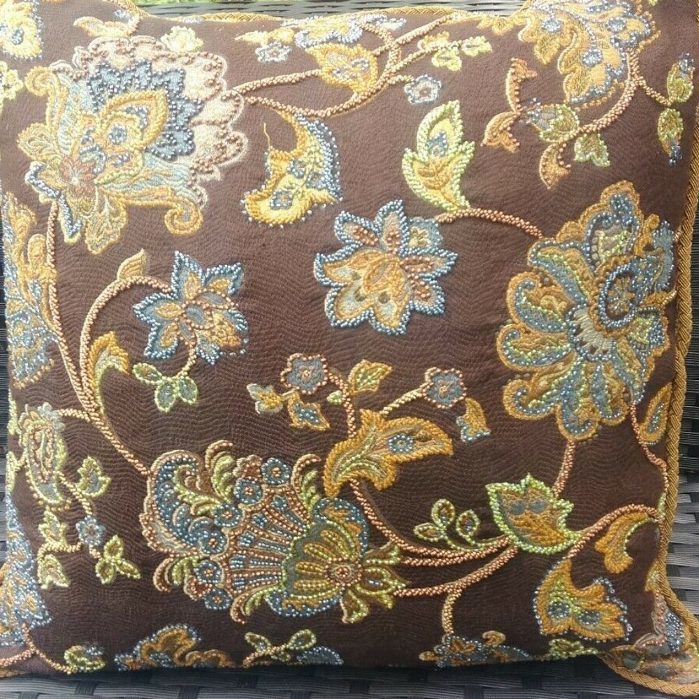 Dransfield & Ross Brown Multicolor Embroid Pillow